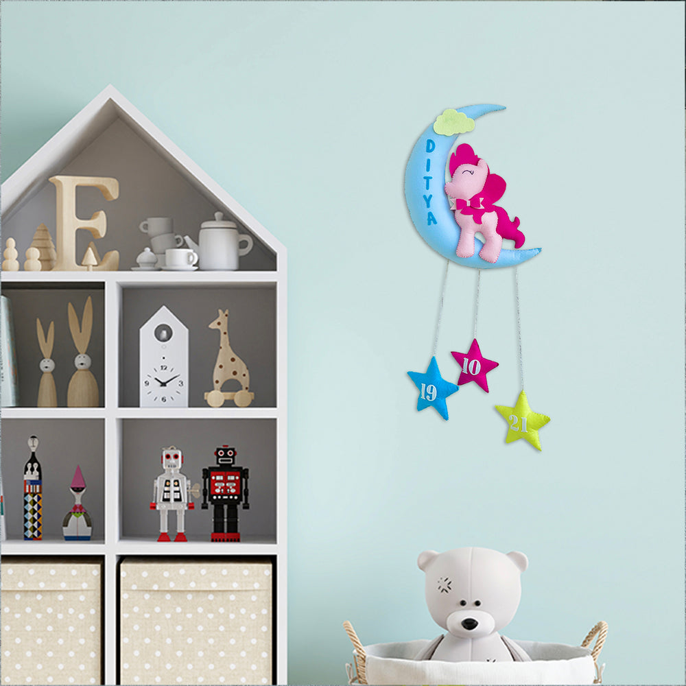 Handmade Pony On The Moon Kids Felt Name Hanging With Birthdate 1 - Mounted on Wall with Hanging Stars