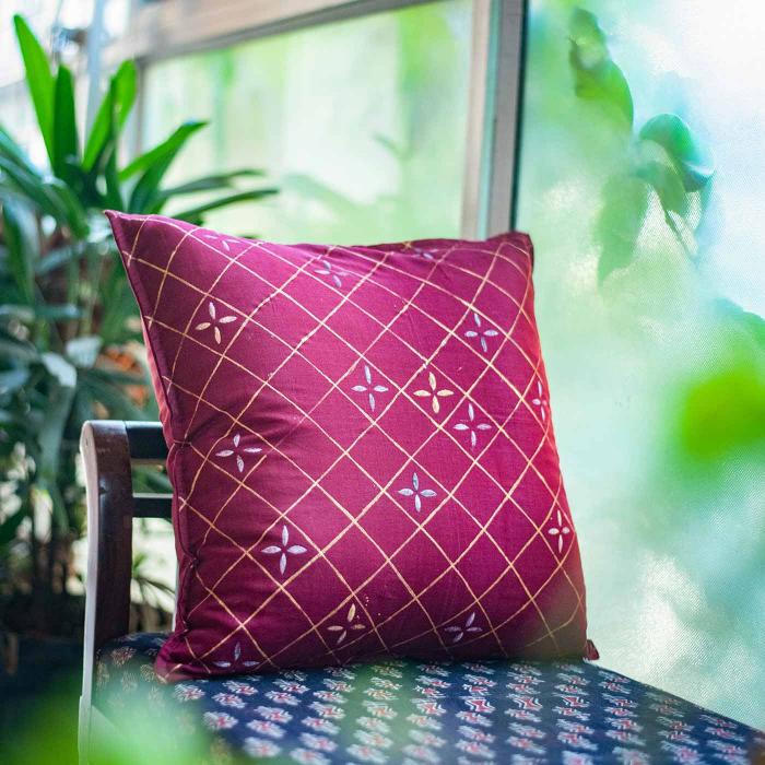 Maheshwari Silk Cushion Cover (12 X 12 inches) - Red & Gold