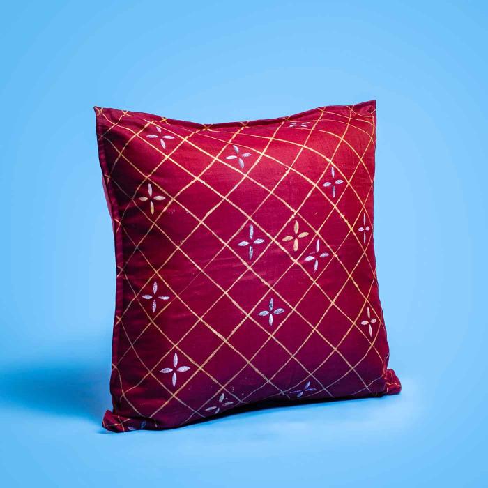 Maheshwari Silk Cushion Cover (12 X 12 inches) - Red & Gold