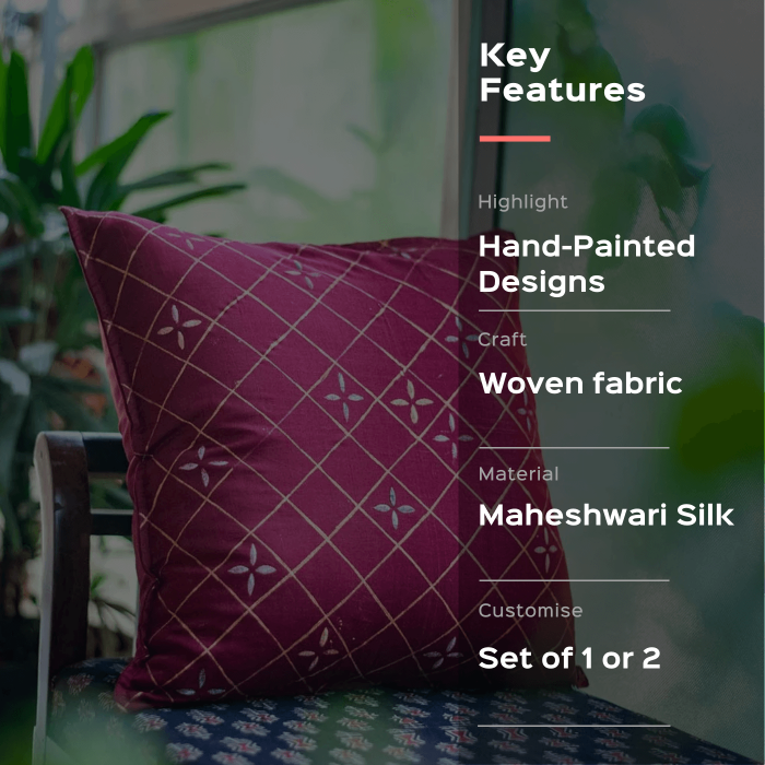 Maheshwari Silk Cushion Cover (12 X 12 inches) - Red & Gold