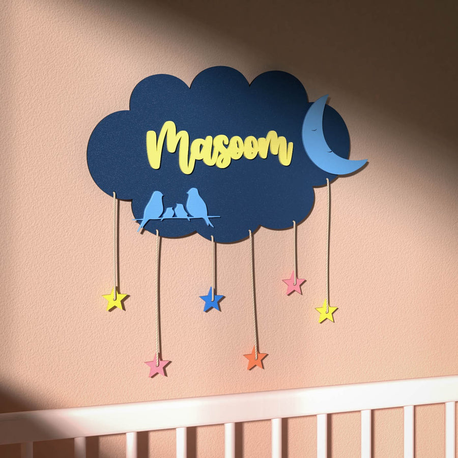 Cloud Name Plate Navy Blue Multicolour Stars - Mounted on Wall with Name Personalization