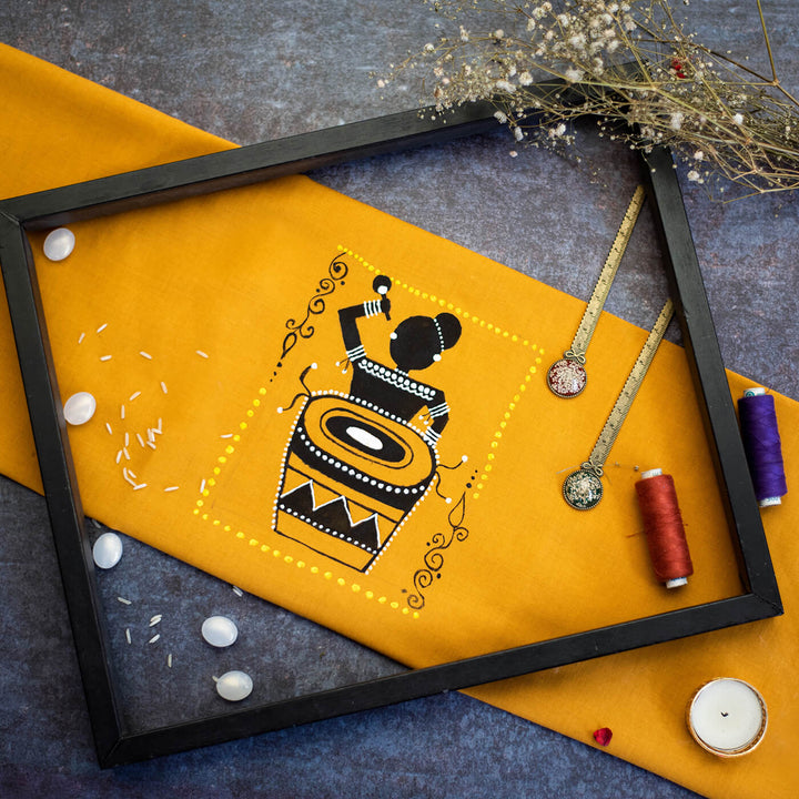 Mustard Unstiched Blouse Piece - Warli Art
