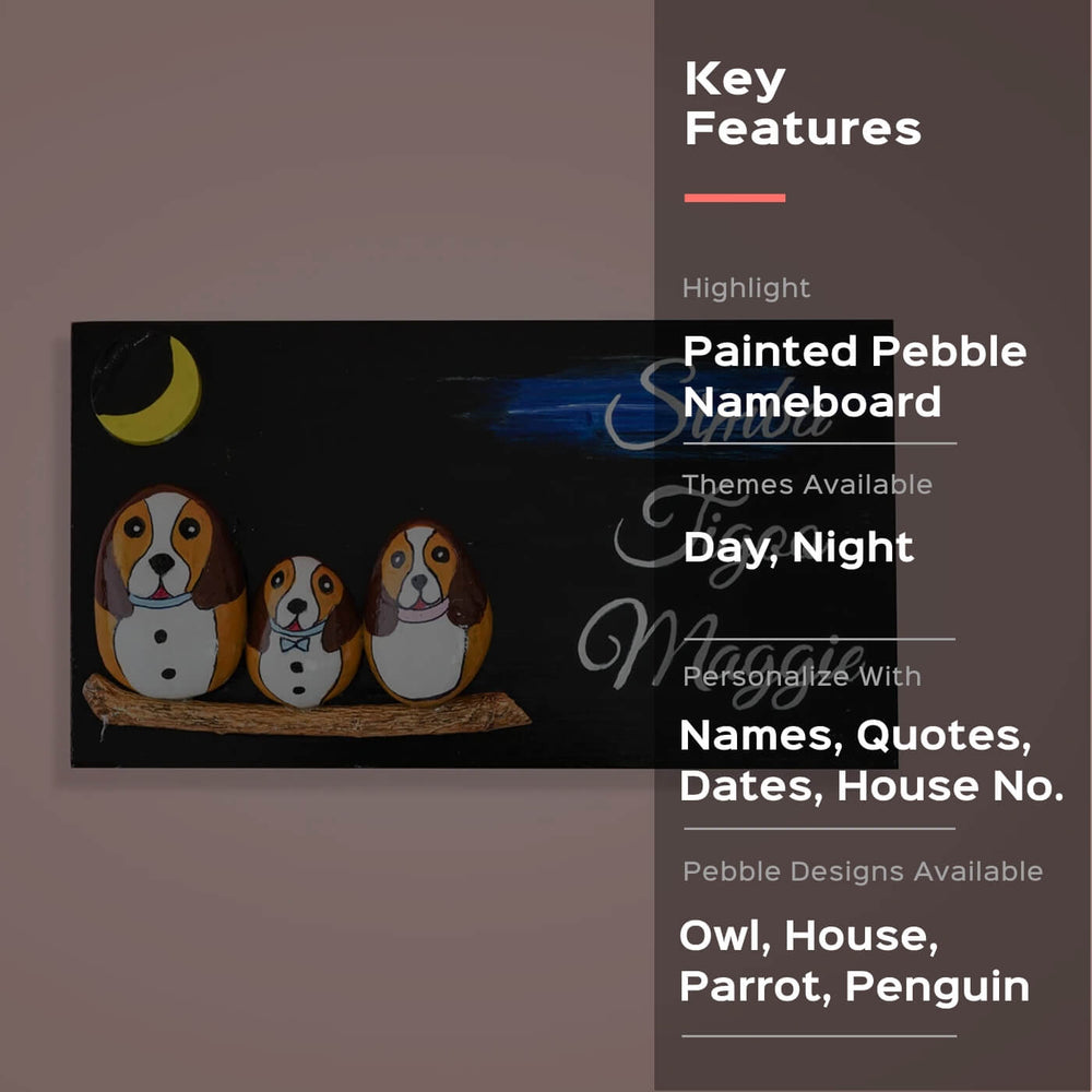 3 Dogs Pebble Art Name Plate - Front View with Text Overlay