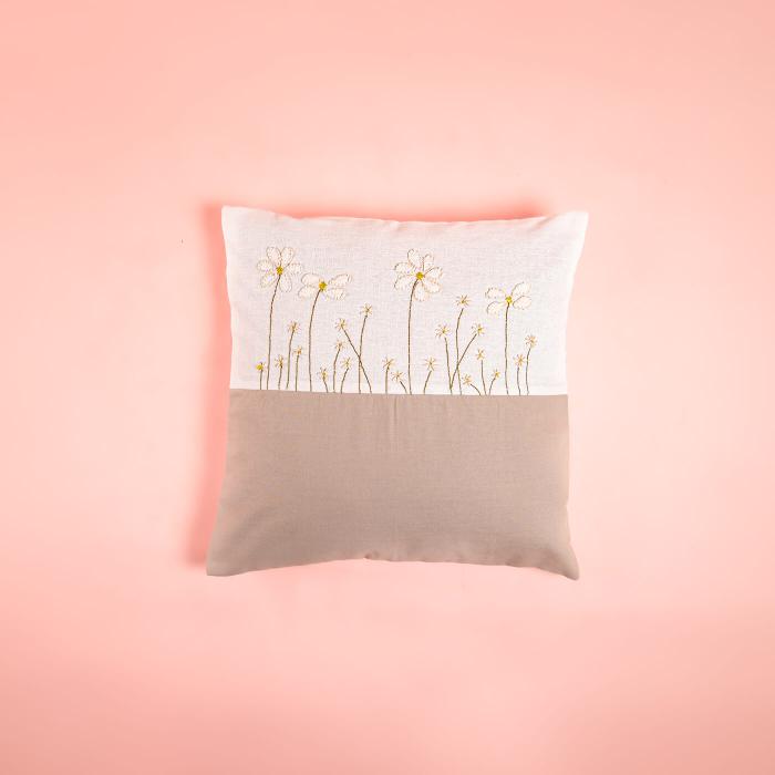 Hand-embroidered White and Grey Dual Colour Cushion Cover - 40 x 40 cm