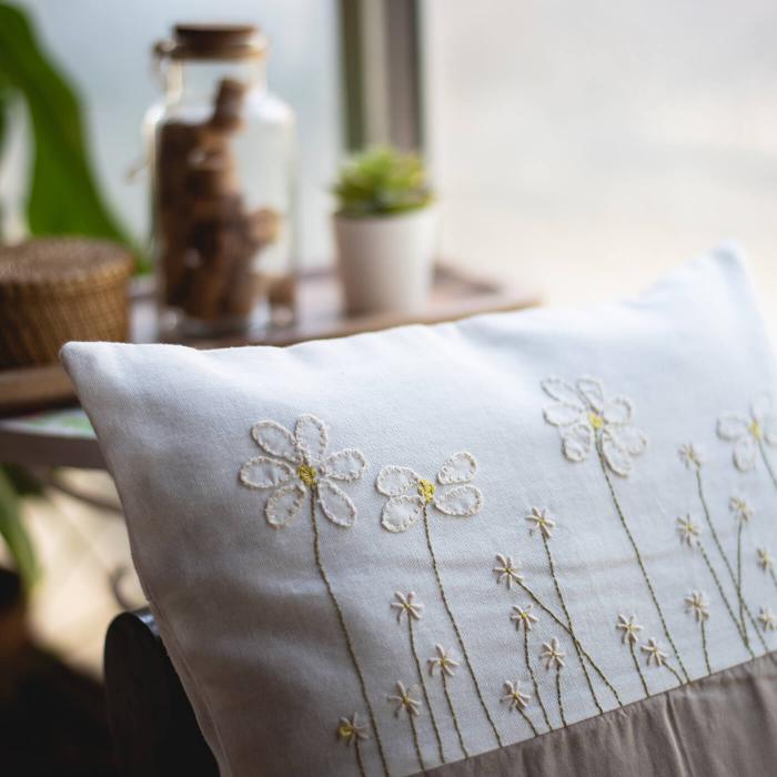 Hand-embroidered White and Grey Dual Colour Cushion Cover - 40 x 40 cm