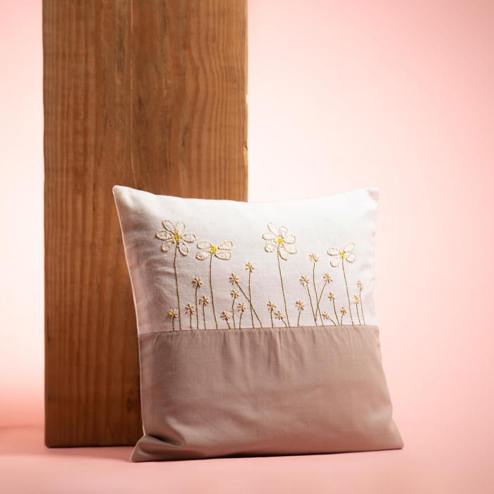 Hand-embroidered White and Grey Dual Colour Cushion Cover - 40 x 40 cm