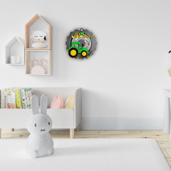 Tractor With Tyre Themed Kids Name Plate - Mounted on Nursery Wall Display