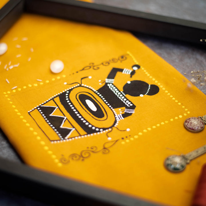 Mustard Unstiched Blouse Piece - Warli Art