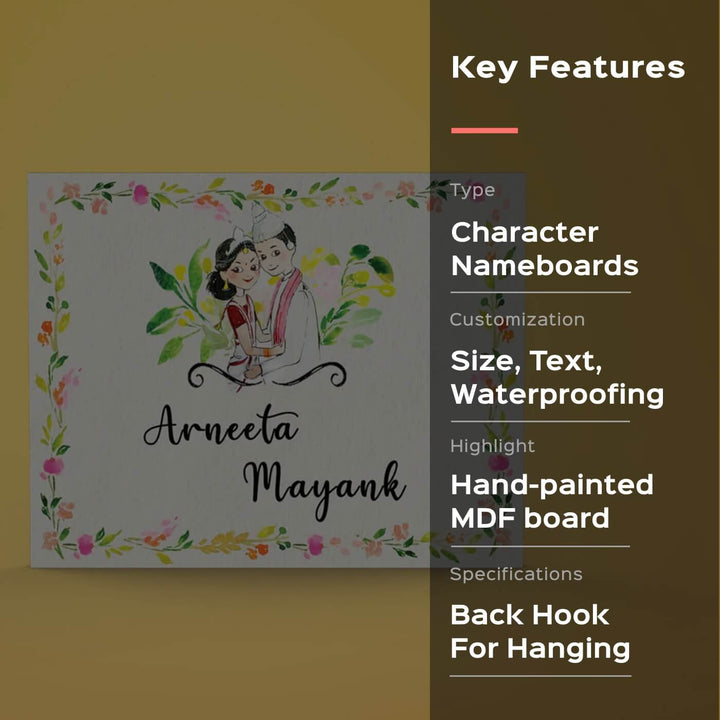Rectangle Hand Painted Character Name Plate Bengali Couple - Front View with Hand-Painted Detail