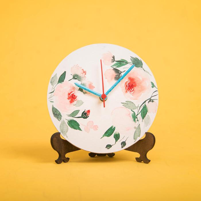 Hand-painted Table Clock with Pink Roses