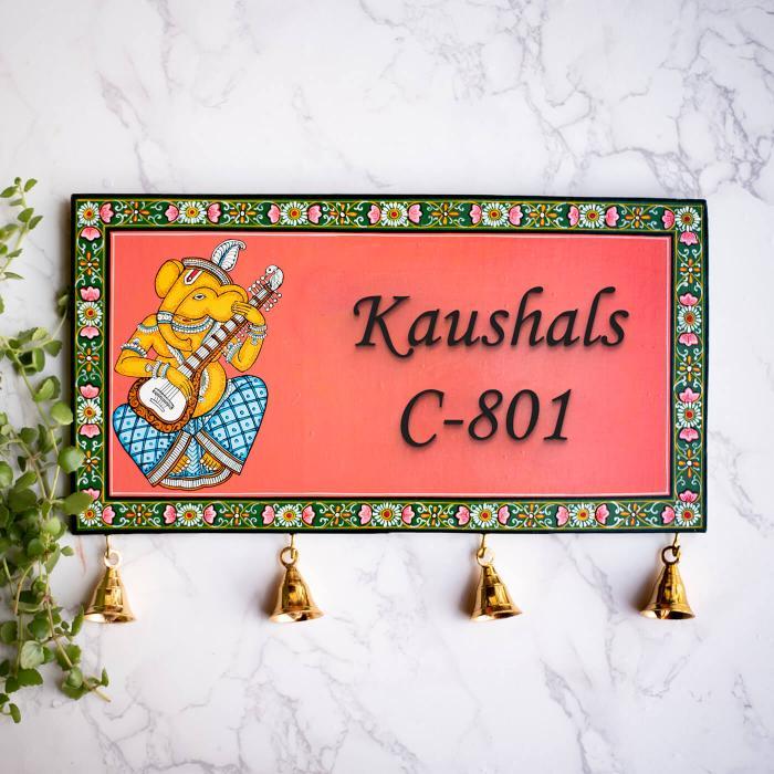 Pattachitra Board With Plot Number And Bells Ganesha With Sitar - Front View with Bells Hanging