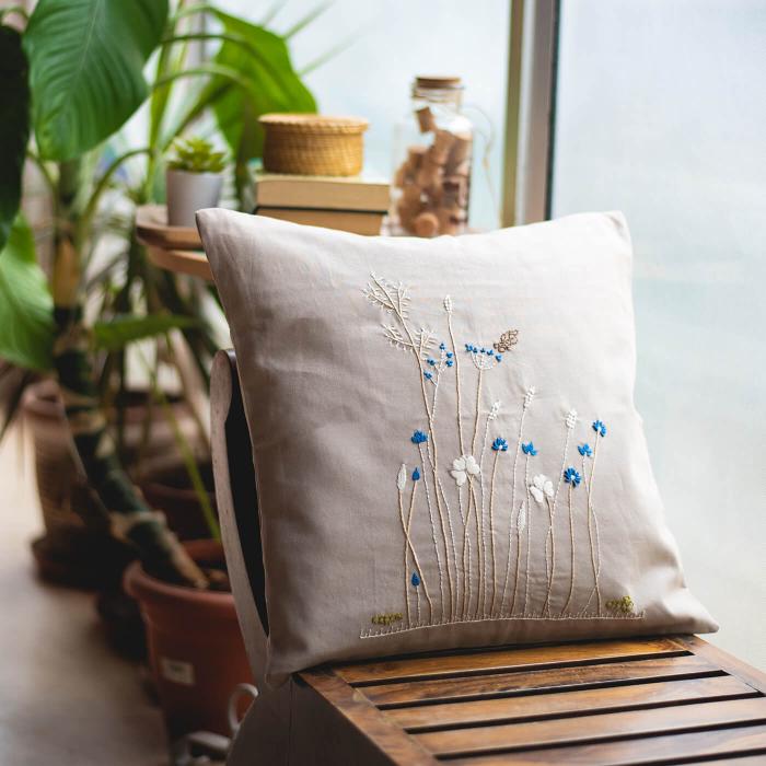 Grey Hand-embroidered Floral Cushion Cover - 40 x 40 cm