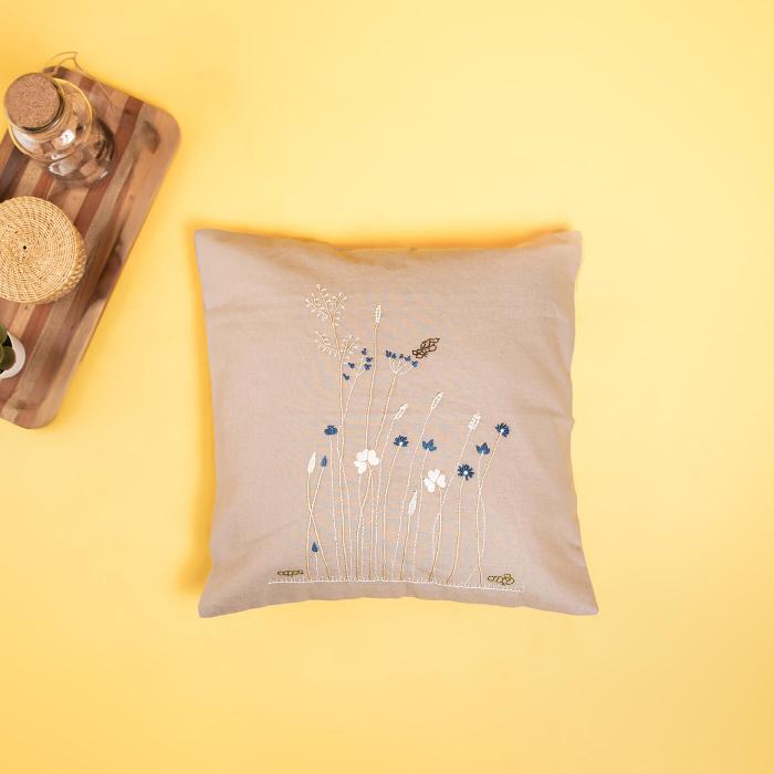 Grey Hand-embroidered Floral Cushion Cover - 40 x 40 cm