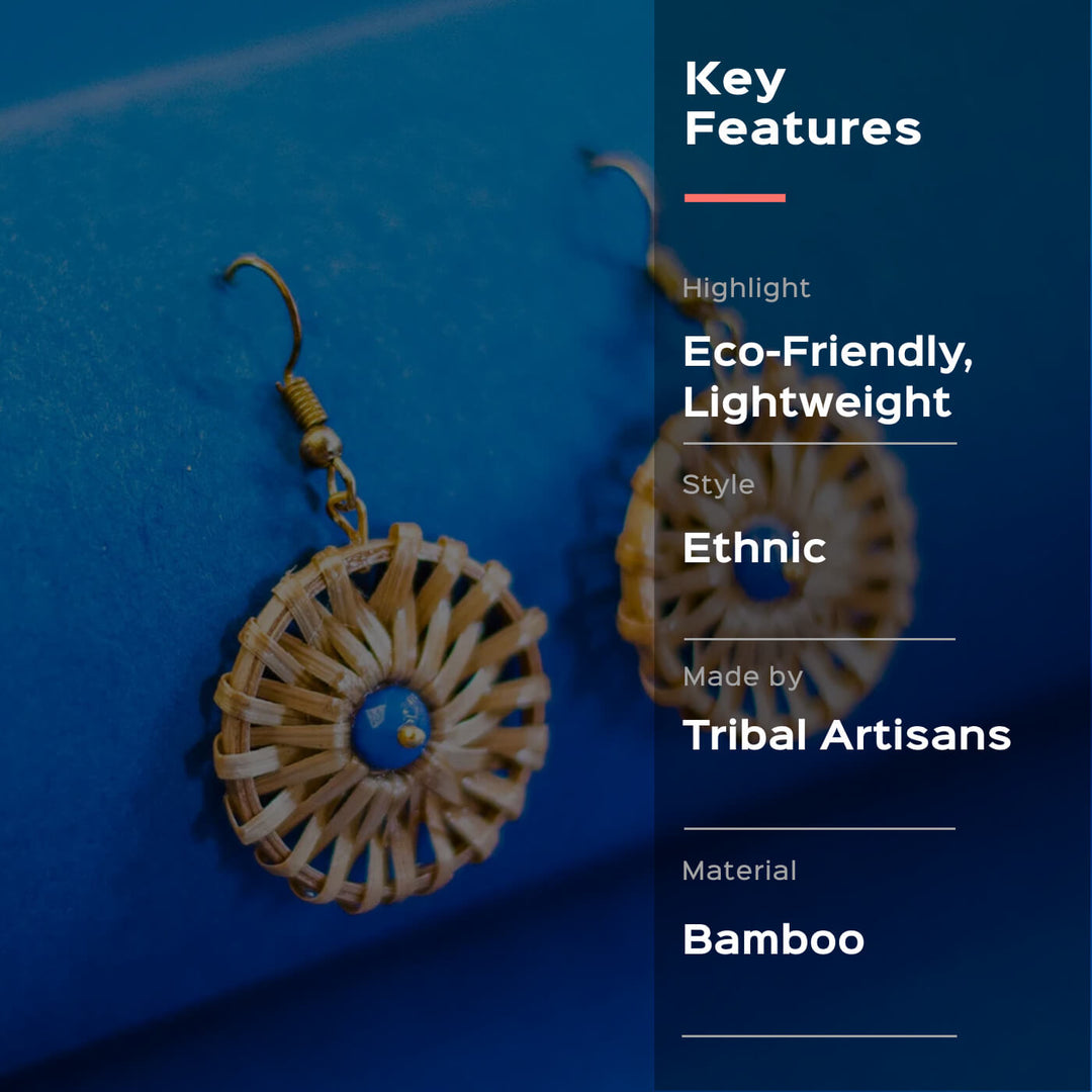 Small Weaved Round Bamboo Earrings - Blue