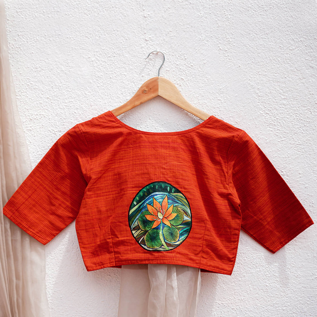 Unstiched Blouse Piece - Red with Lotus Leaf