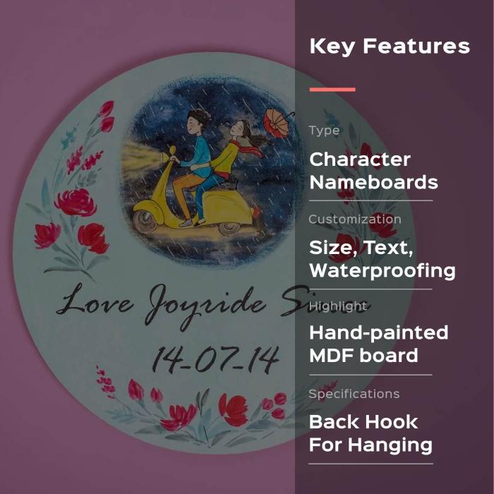 Round Hand Painted Character Name Plate Joyride - Front View with Text and Illustration