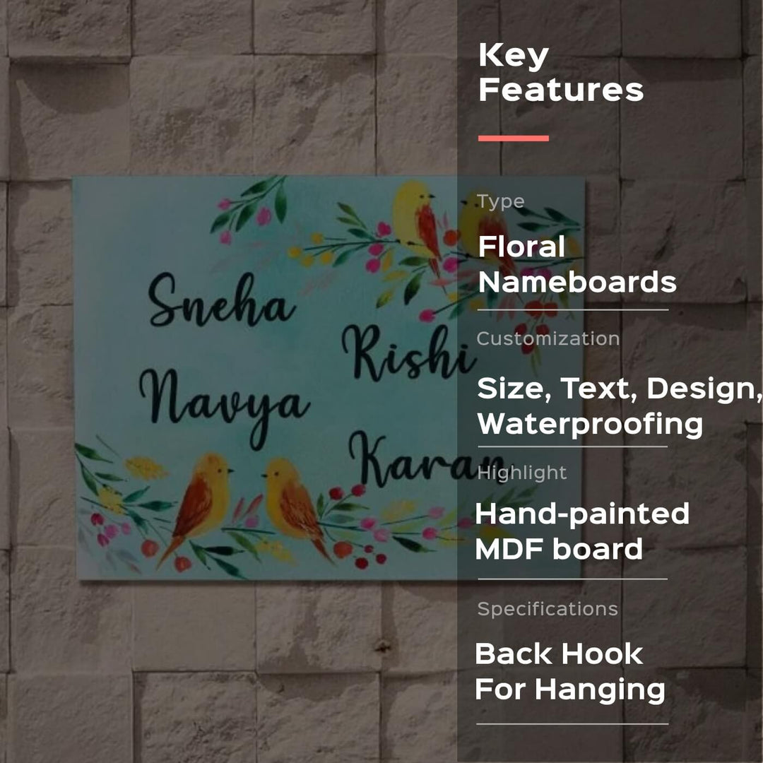 Bengali Rectangle Hand Painted Floral Name Plate - Front View Mounted on Wall