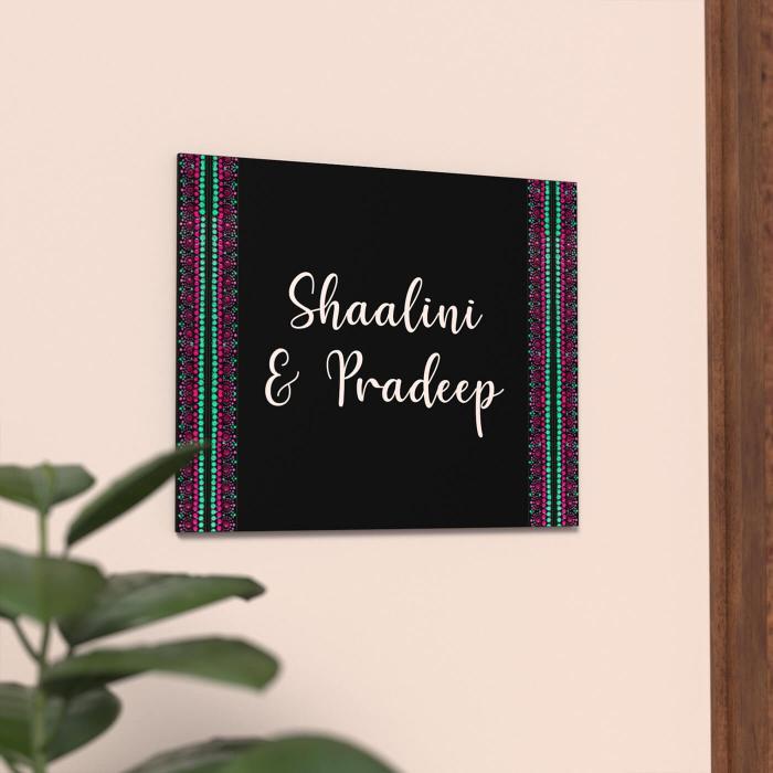 Rectangle Dot Art Name Plate Couple Names 01 - Mounted on Indoor Wall Close-up