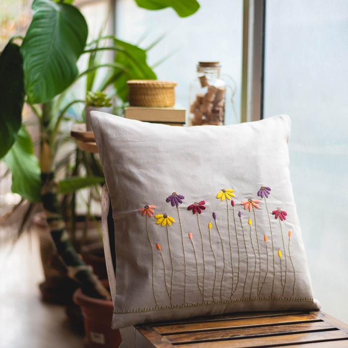Hand-embroidered Floral Grey Cushion Cover - 40 x 40 cm