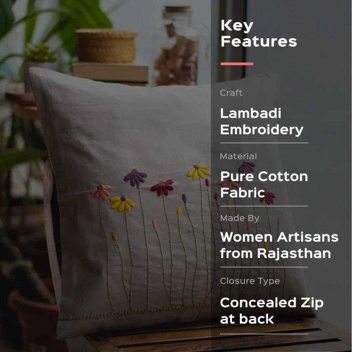 Hand-embroidered Floral Grey Cushion Cover - 40 x 40 cm