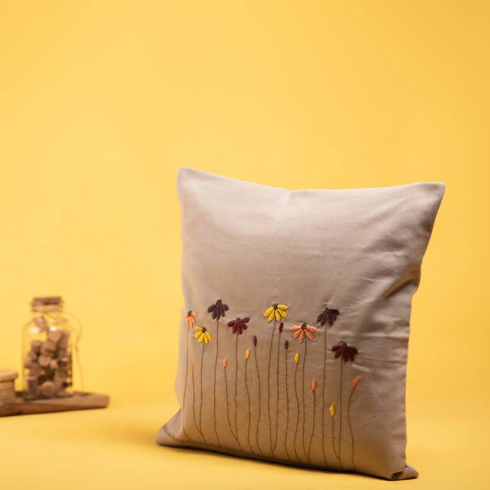 Hand-embroidered Floral Grey Cushion Cover - 40 x 40 cm
