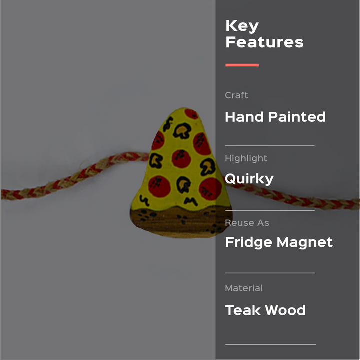 Handpainted Wooden Rakhi Pizza - Product Feature Text Overlay