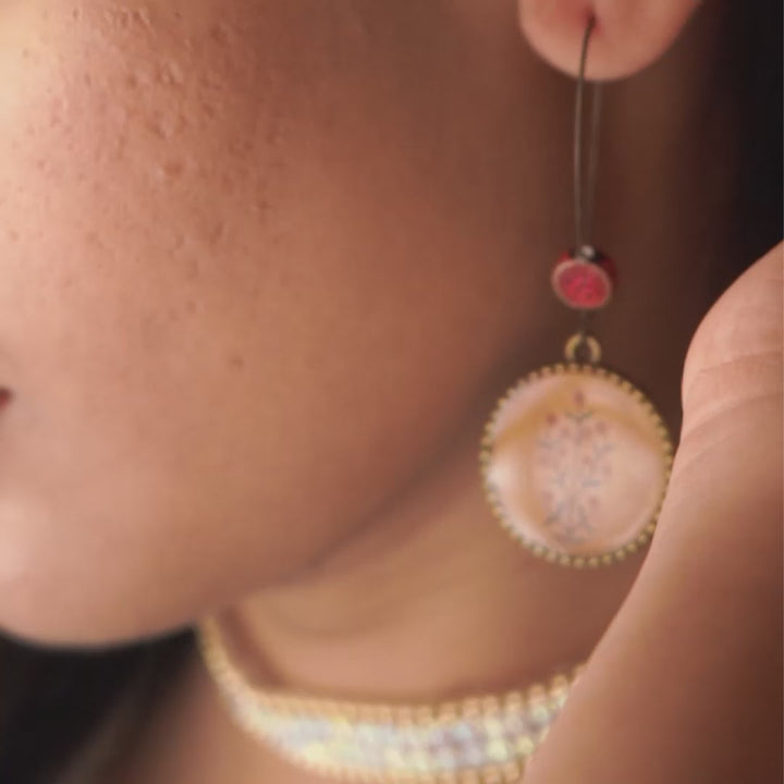 Hoop Earrings with Ceramic Bead - Blue Ajrakh Print