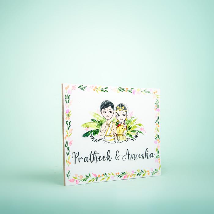 Rectangle Hand Painted Character Name Plate South Indian Couple - Angled Front View Showing Thickness