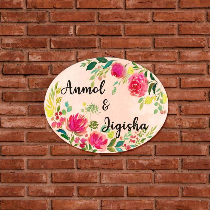 Oval Hand Painted Name Plate 7 - Mounted on Brick Wall Front View