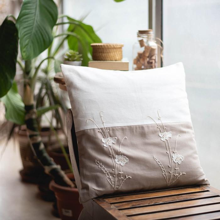 Grey and White Hand-embroidered Dual Colour Cushion Cover - 40 x 40 cm