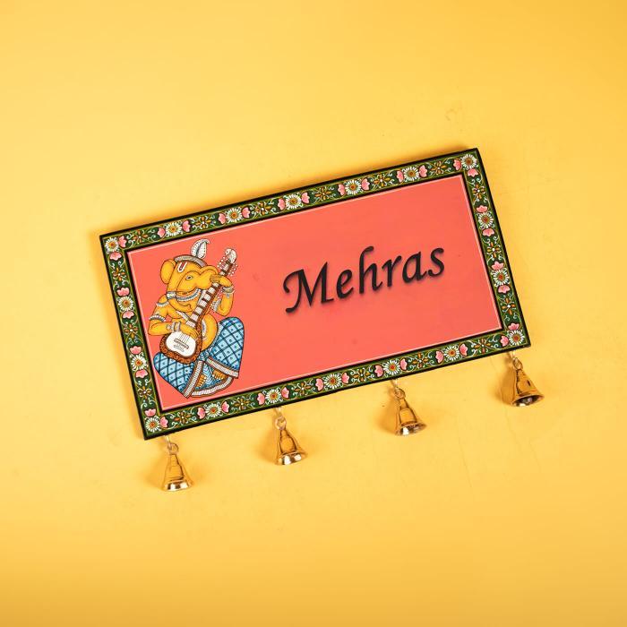 Pattachitra Board With Bells Ganesha With Sitar - Name Personalization Example with Bells