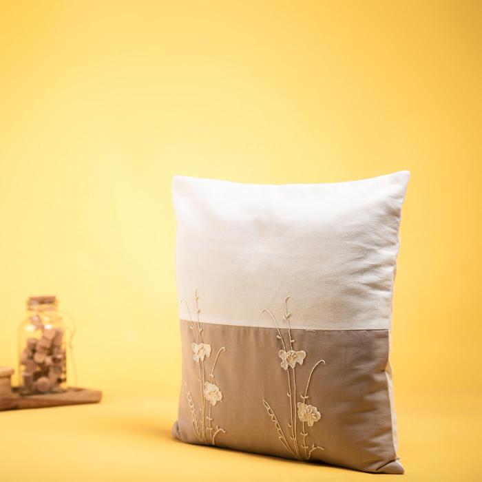 Grey and White Hand-embroidered Dual Colour Cushion Cover - 40 x 40 cm