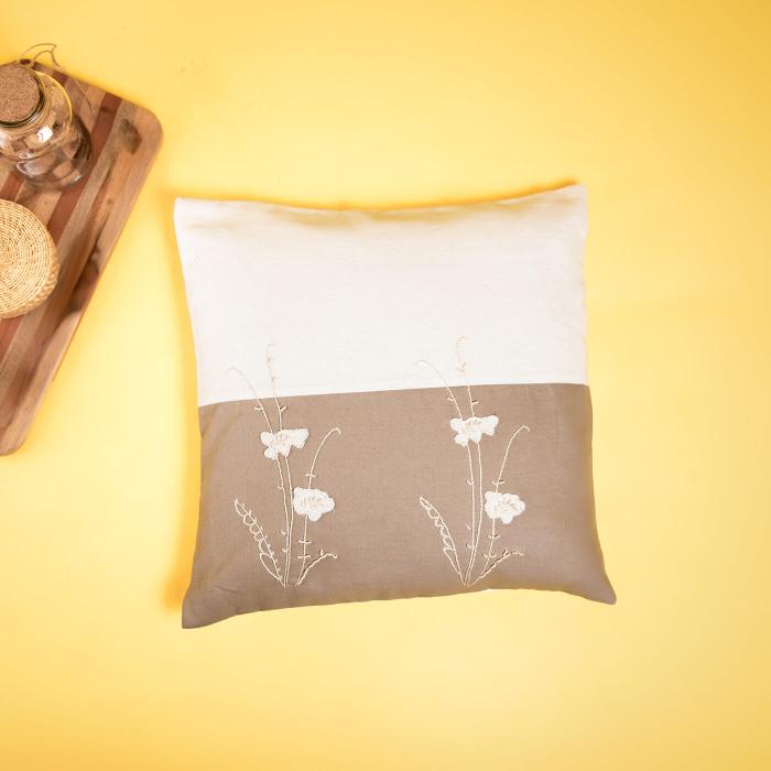 Grey and White Hand-embroidered Dual Colour Cushion Cover - 40 x 40 cm