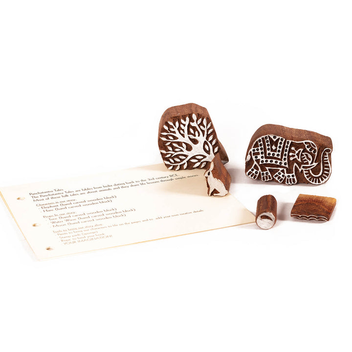 The Elephants and Hare Panchatantra Block Printing DIY Kit | 5 Stamps, Poster Colours, Painting Brush, Printing Pads, Story Cards  And Jute String