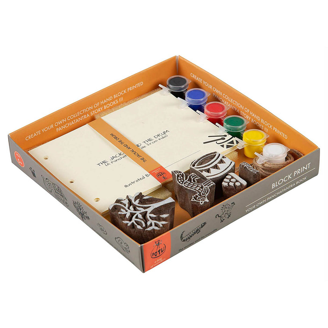 The Jackal and The Drum Panchatantra Block Printing DIY Kit | 5 Stamps, Poster Colours, Painting Brush, Printing Pads, Story Cards  And Jute String