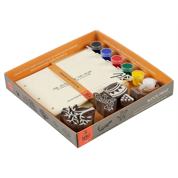 The Jackal and The Drum Panchatantra Block Printing DIY Kit | 5 Stamps, Poster Colours, Painting Brush, Printing Pads, Story Cards  And Jute String