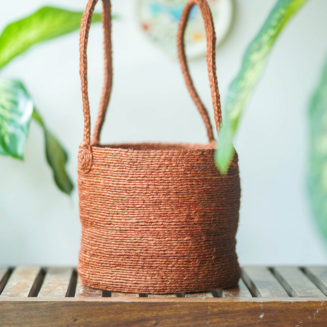 Handwoven Jute Bin with Long Handle