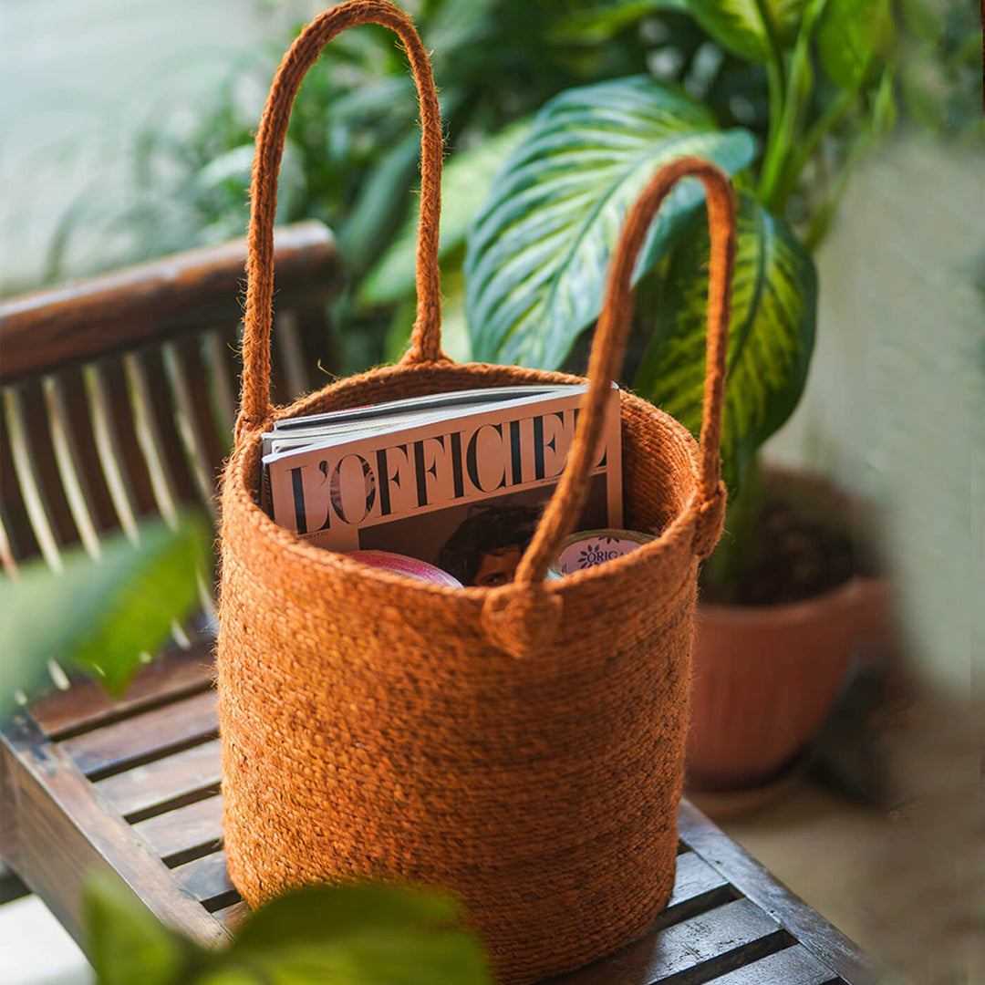 Handcrafted Jute Bin with Double Handle- Orange