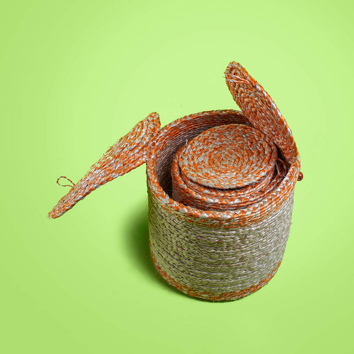 Handwoven Tall Jute Box in Natural & Orange