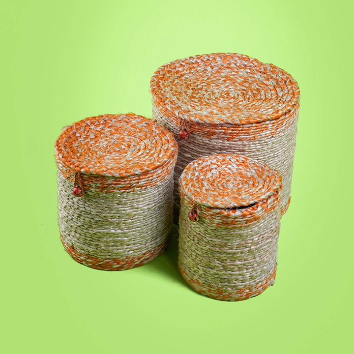 Handwoven Tall Jute Box in Natural & Orange
