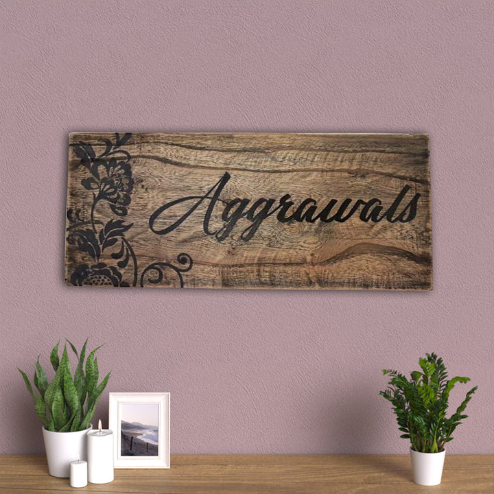 Natural Wood Hand Painted Family Name Plate - Mounted on Wall Above Tabletop