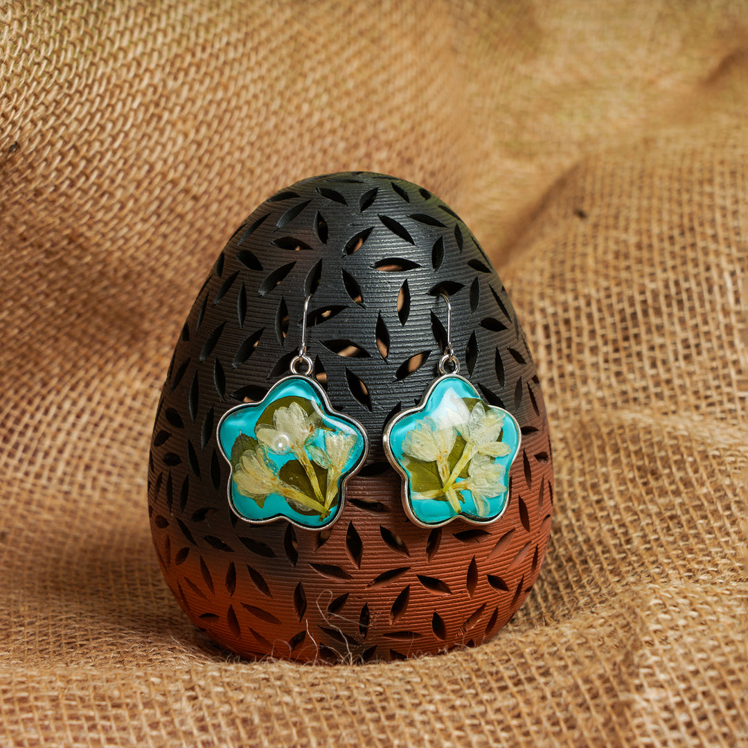 Handcrafted Fossilised Jasmine, Mogra and Tulasi Jhumkas