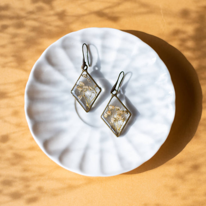 Long Stem Brass Diamond Earrings - Ivory Gypsophillia