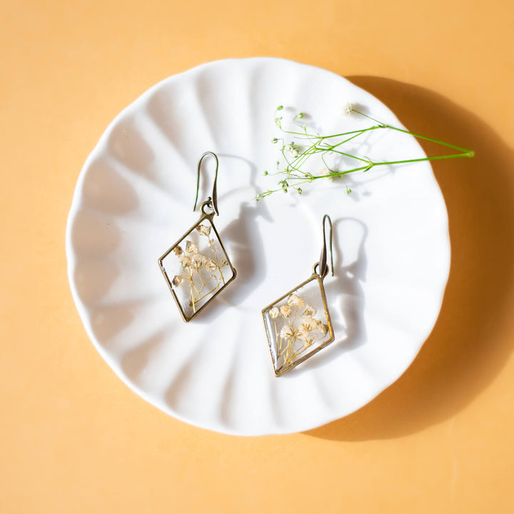 Long Stem Brass Diamond Earrings - Ivory Gypsophillia