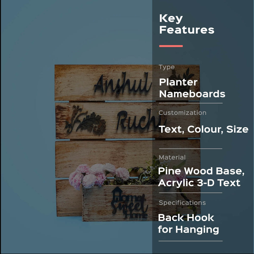Rustic Wooden Planter Name Plate For Couples - Front View with Text Examples