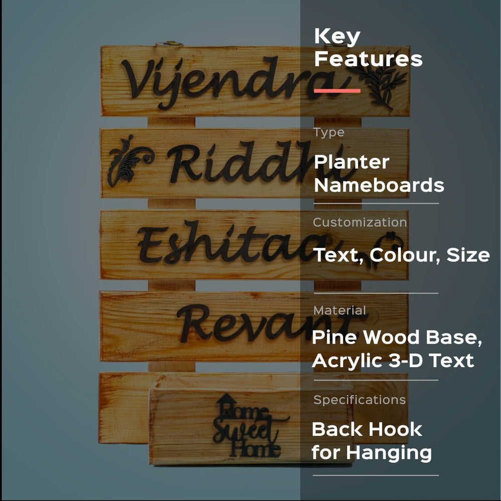 Rustic Wooden Planter Name Plate Four Names - Front View of Multiple Nameboards