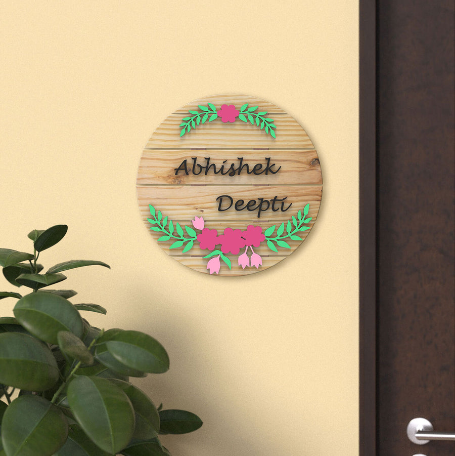 Handcrafted Circular Plank Name Plate Natural - Mounted on Wall with Plant Nearby