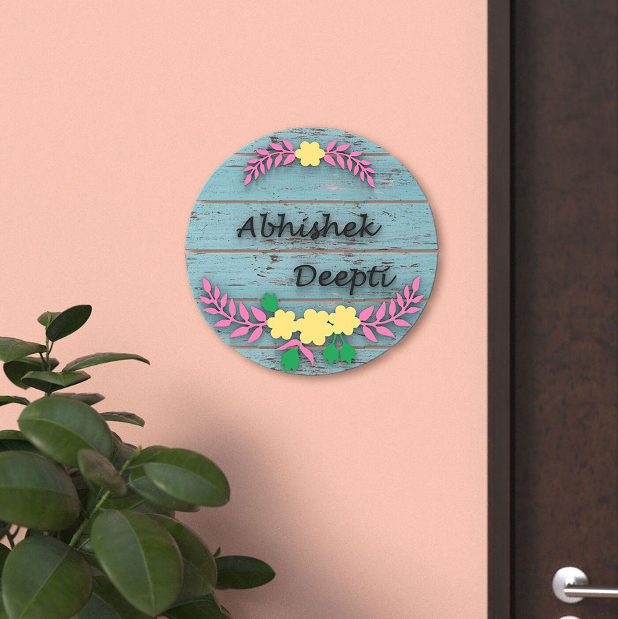Handcrafted Distressed Circular Plank Name Plate Periwinkle - Mounted on Wall Showing Personalization