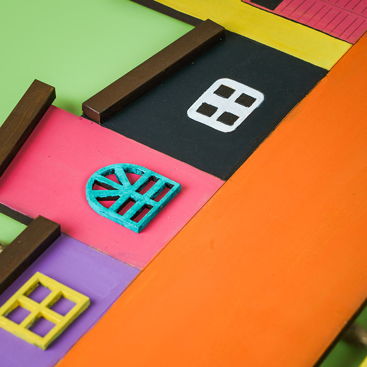 Hand Painted Mdf Personalised Name Plate With Couple Names House Number - Close-up of colorful house windows