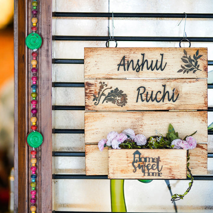 Rustic Planter Name Plate Couple Names - Hanging on Metal Bars Close-up